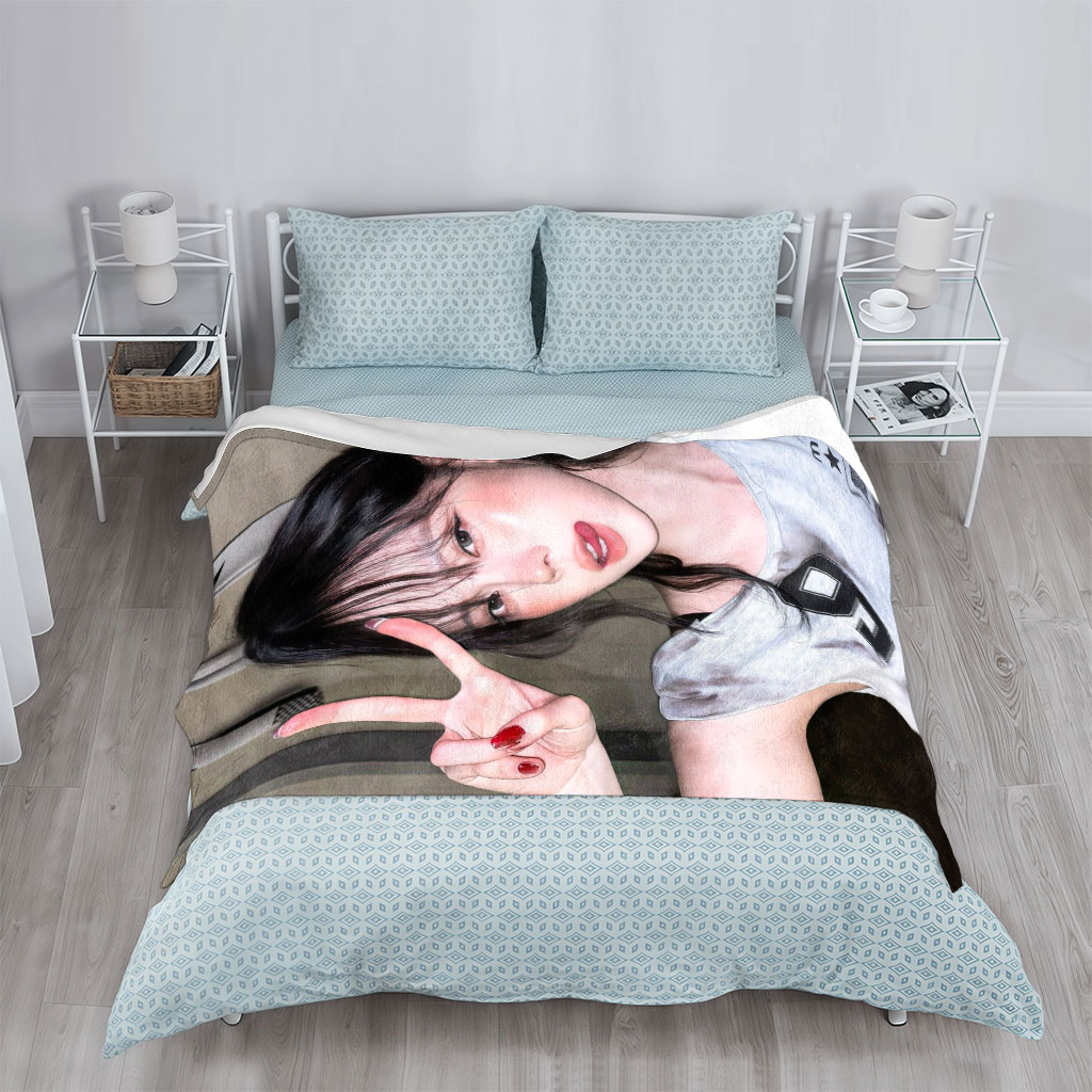 Korean Celebrity in Casual Outfit Making Peace Sign in Indoor Setting - Blankets