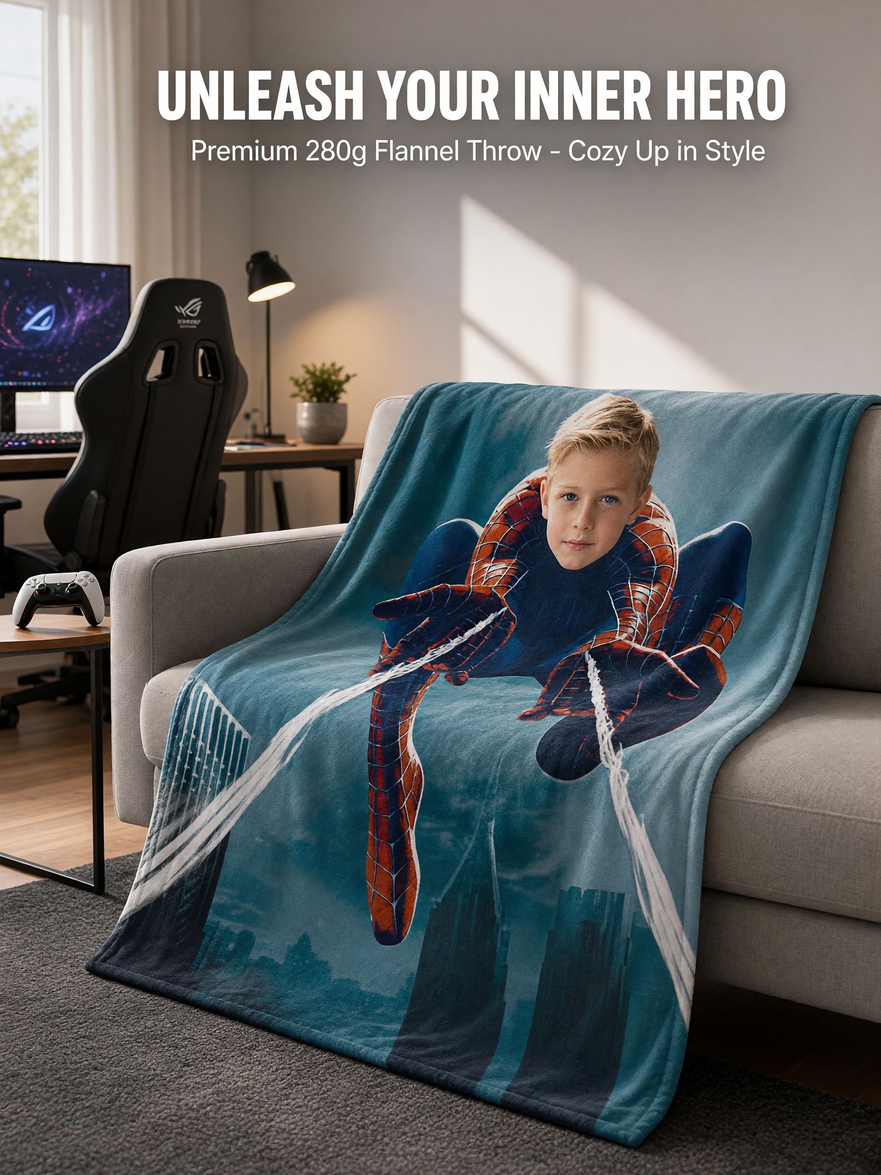 Custom Face Photo Superhero Flannel Blanket Personalized Picture Throw Ideal Gift for Kids Boys Bed Sofa