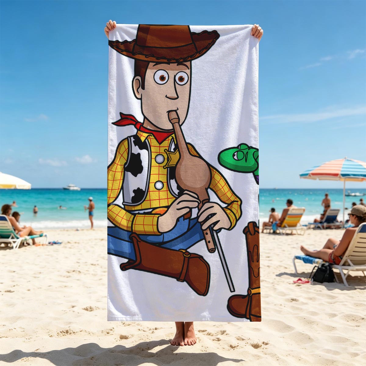 Woody Playing Flute with Snake in Boot - Beach towels