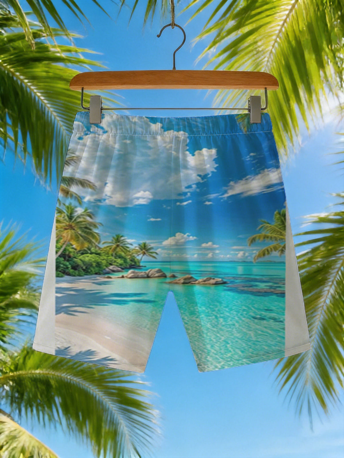 Tropical Beach with Crystal Clear Water and Palm Trees -  Beach shorts