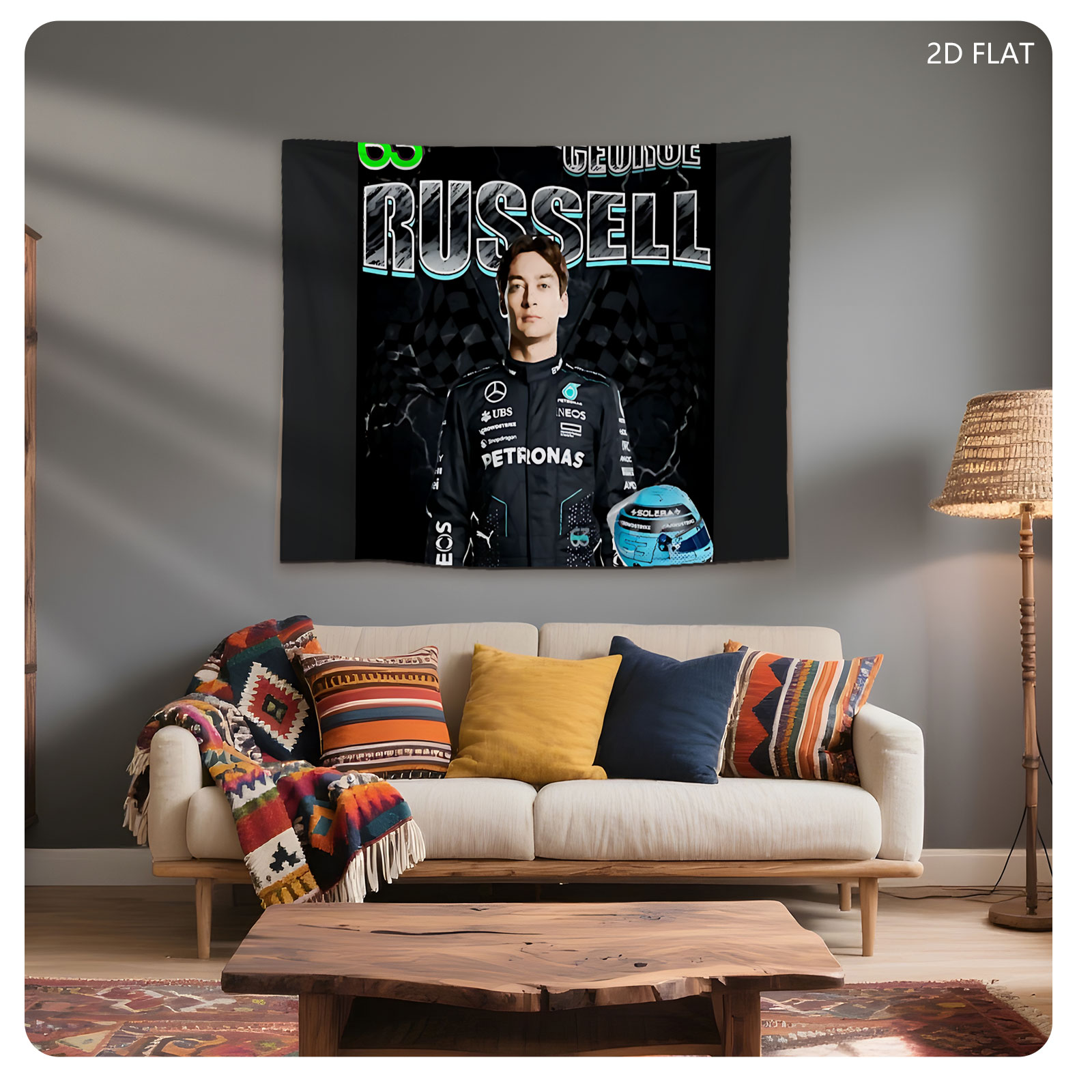 George Russell, Mercedes-AMG Petronas F1 Driver, Number 63, with Helmet and Racing Suit - Tapestry