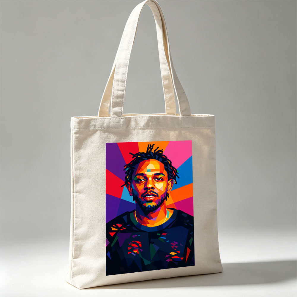 Kendrick Lamar Portrait in Vibrant Geometric Art Style with Colorful Radiant Background - Canvas tote bags