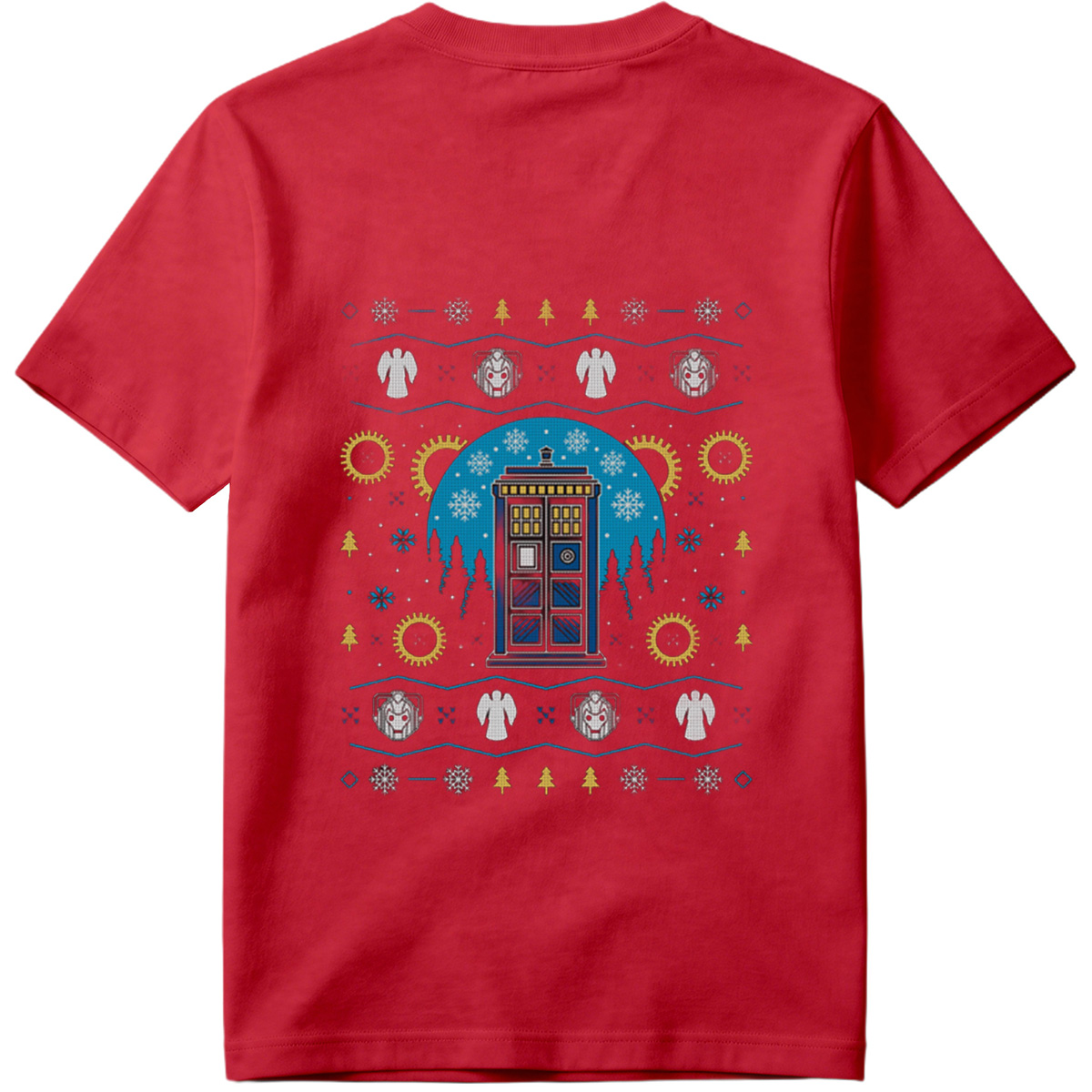 Doctor Who Christmas Sweater Design Featuring TARDIS, Weeping Angels, and Cybermen - Tee