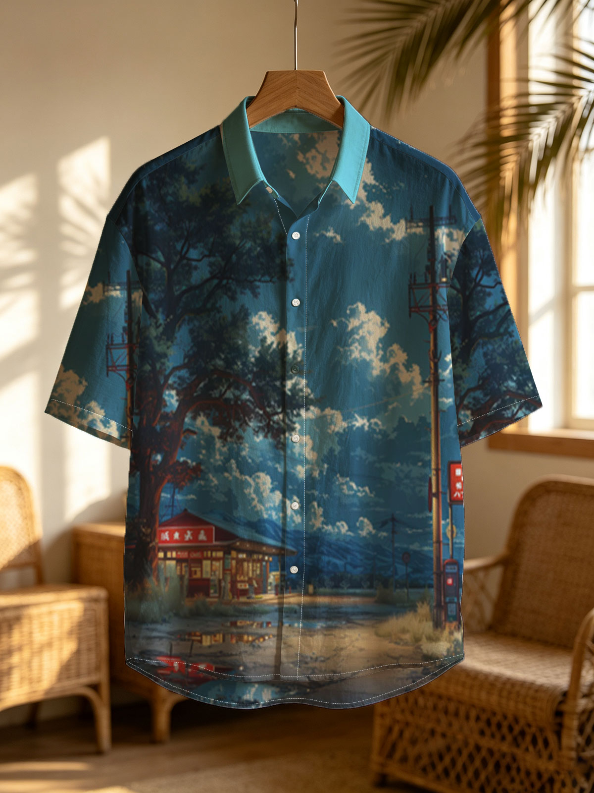 A cozy roadside shop under a vast sky, illuminated by warm lights and framed by a large tree and distant mountains. -  Shirt
