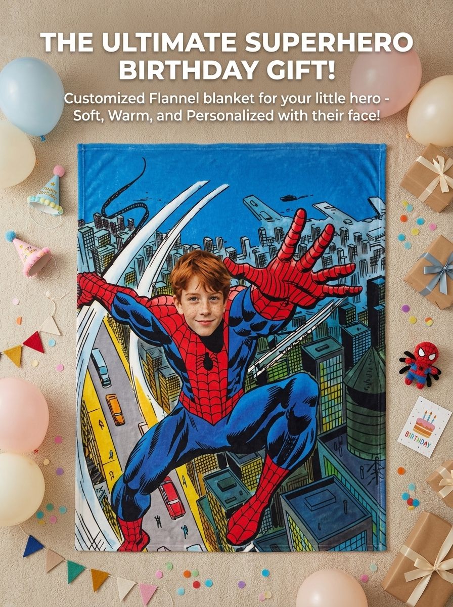 Personalized Superhero Photo Blanket Custom Face Flannel Throw Soft Fleece Bed Couch Blanket Unique Keepsake Gift
