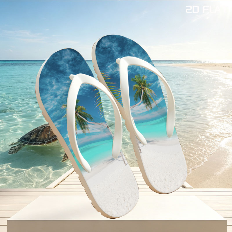 Tropical beach with palm tree and turquoise water -  flip-flops