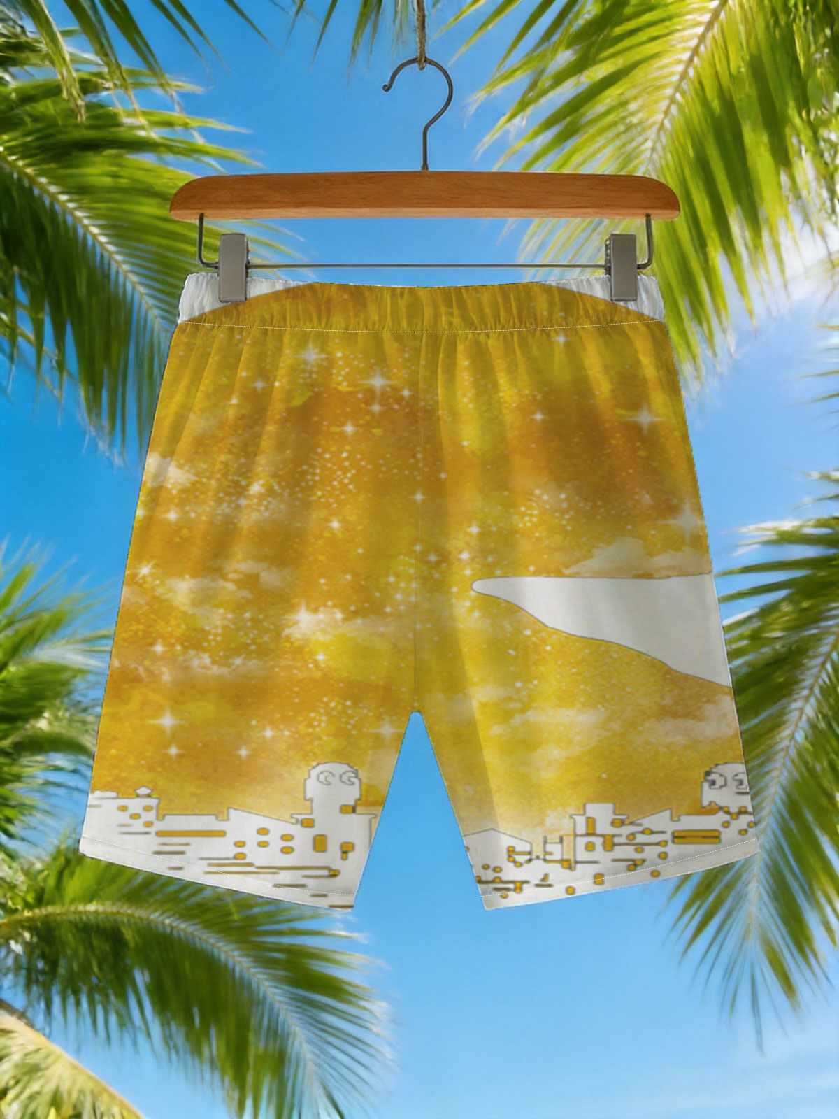 City Silhouettes Under a Golden Moon with Starry Sky -  Beach shorts
