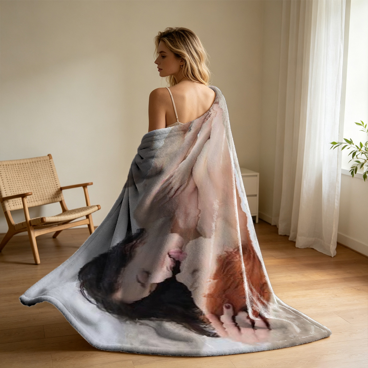 Nude woman posing on purple floor with orange pillows - Blanket