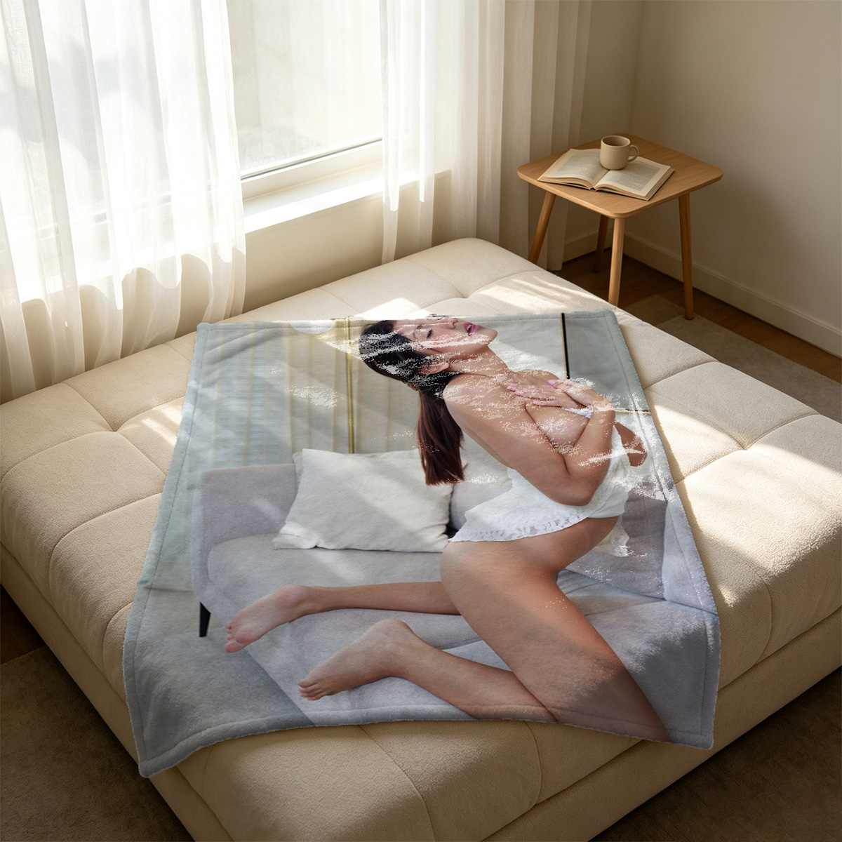 White Sheer Qipao Kneeling Pose - Blanket