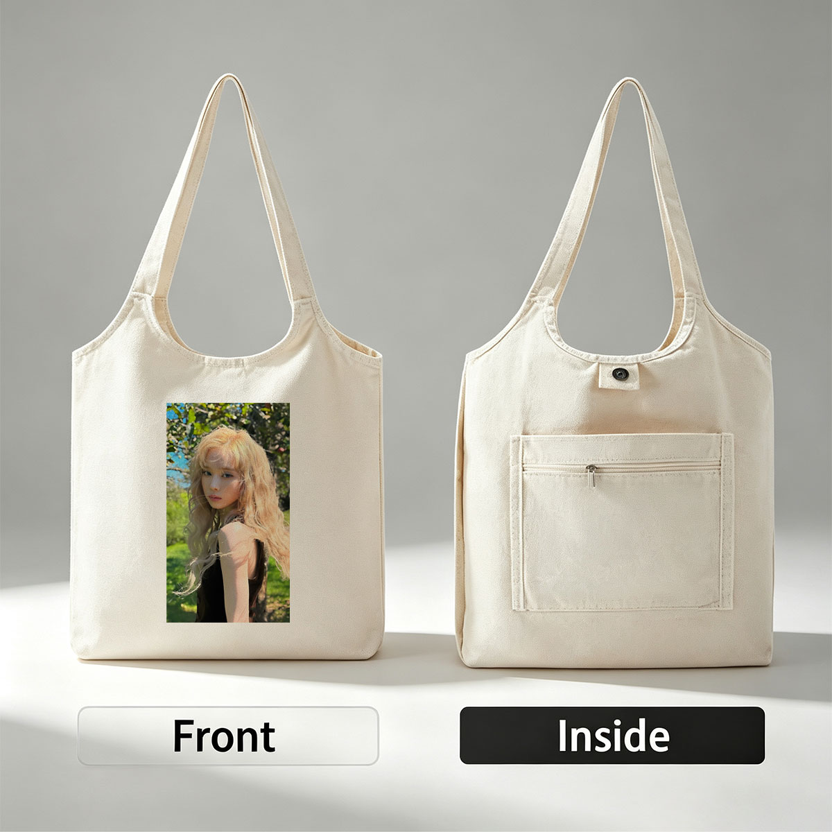 Kim Yoo Jung in a Sunlit Garden with Flowing Blonde Hair and Elegant Black Dress - Canvas shoulder bags/