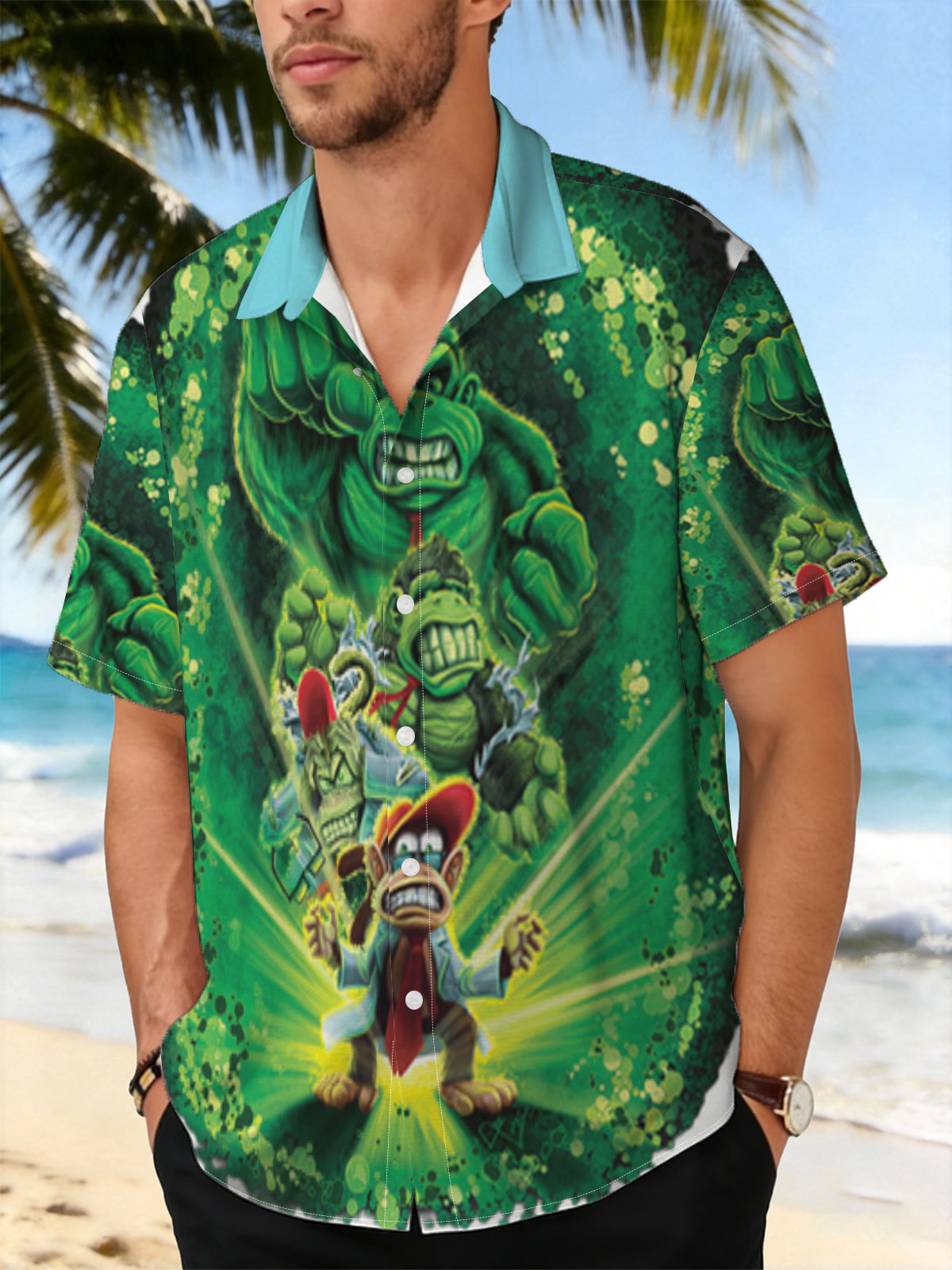 Donkey Kong, Diddy Kong, and King K. Rool in a dynamic green energy burst -  Shirt