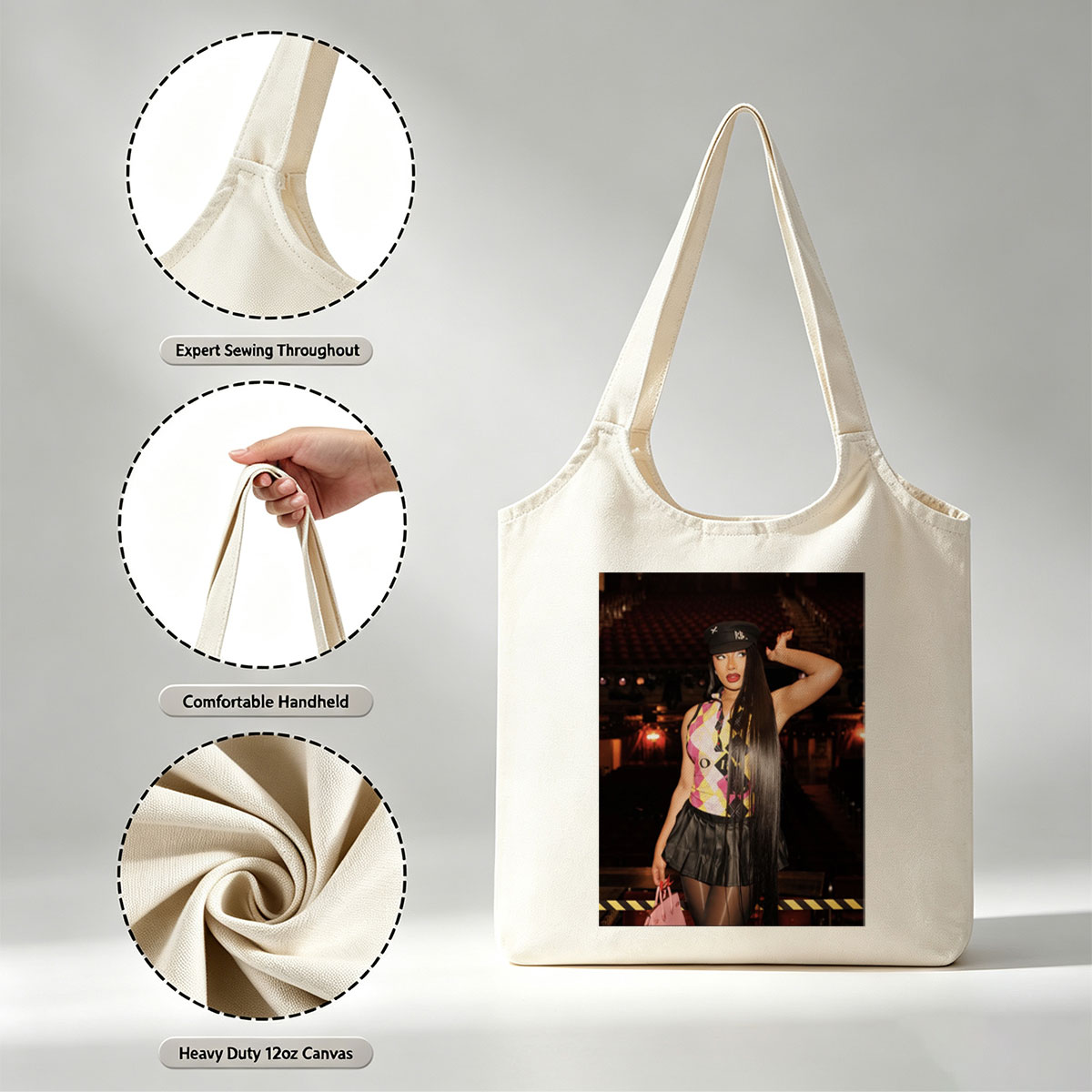 Cardi B in a Bold Outfit at a Concert Venue with Vibrant Lighting and Stage Setup - Canvas shoulder bags/