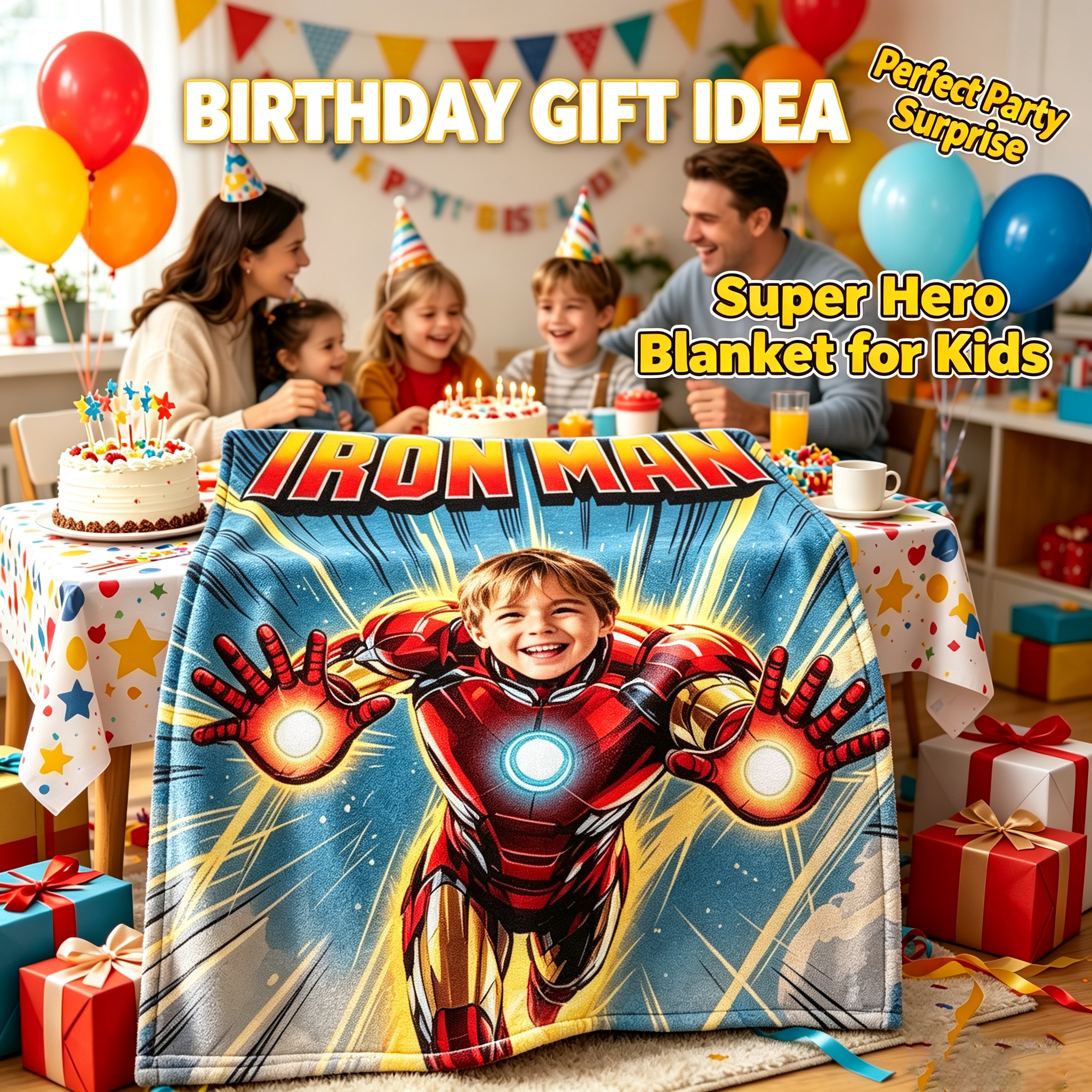 Personalized Iron Man Photo Blanket Custom Upload Face Flannel Throw Blanket Gift for Superhero Fan Boys
