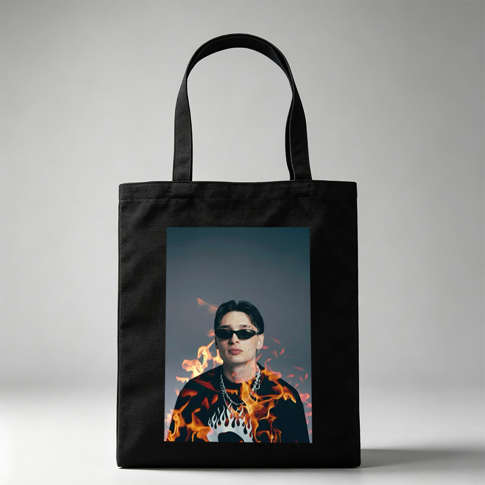 BTS Jungkook in Fiery Pose with Flames Surrounding Him - Canvas tote bags