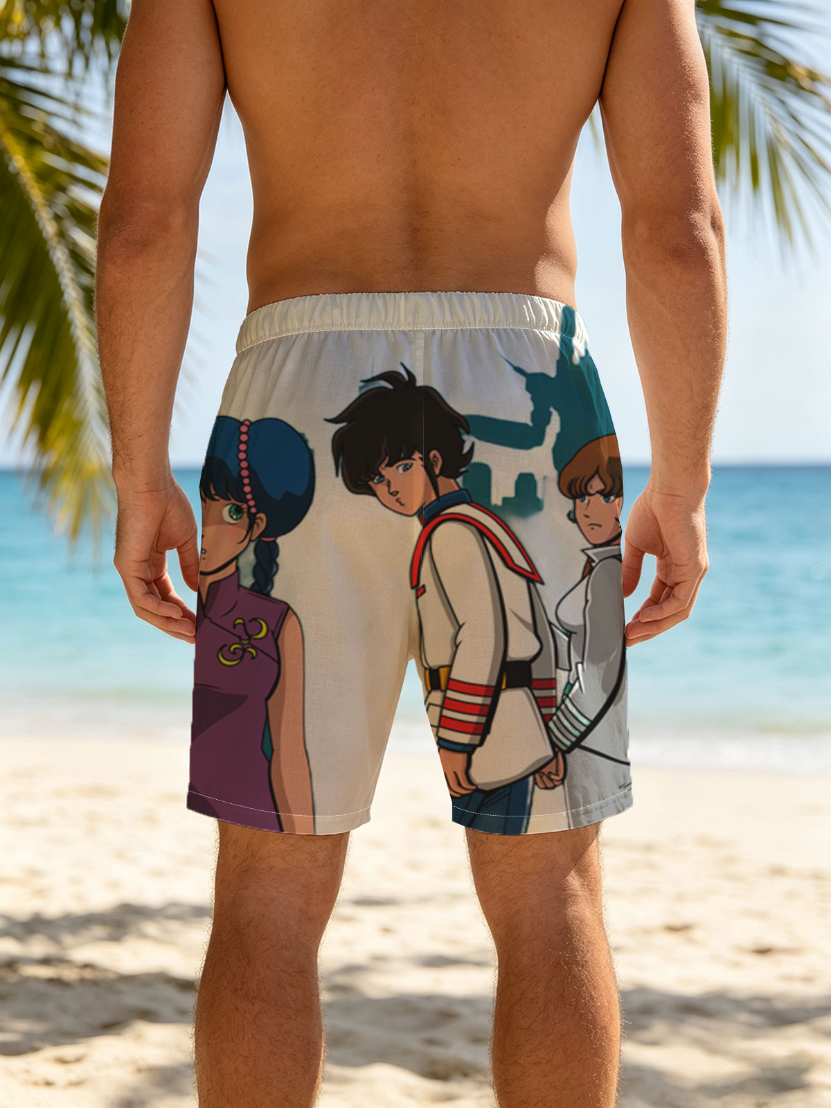 Lum, Ataru, and Mendou from Urusei Yatsura stand together in a dramatic pose against a dark, eerie backdrop. -  Beach shorts