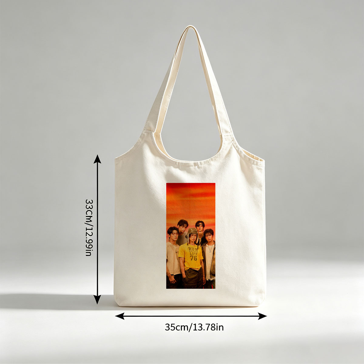 TXT Members in a Bold Group Pose Against a Vibrant Orange Sky Background - Canvas shoulder bags/