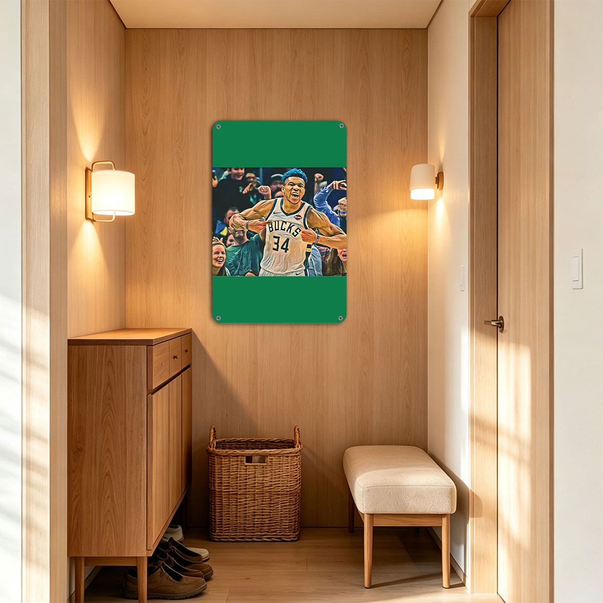 Giannis Antetokounmpo of the Milwaukee Bucks celebrates in front of cheering fans. - painting