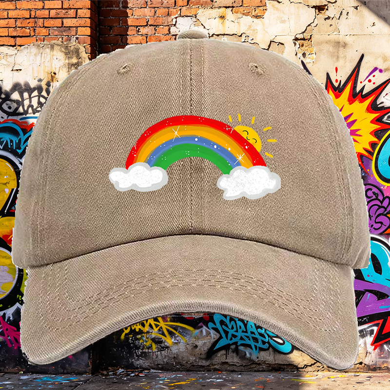 Men's Rainbow Print Washed Cotton Cap with Sunny Cloud Design Lightweight Casual Round Brim Summer Hat for Outdoor Activities and Daily Wear Adults Unisex Streetwear Fashion Accessory