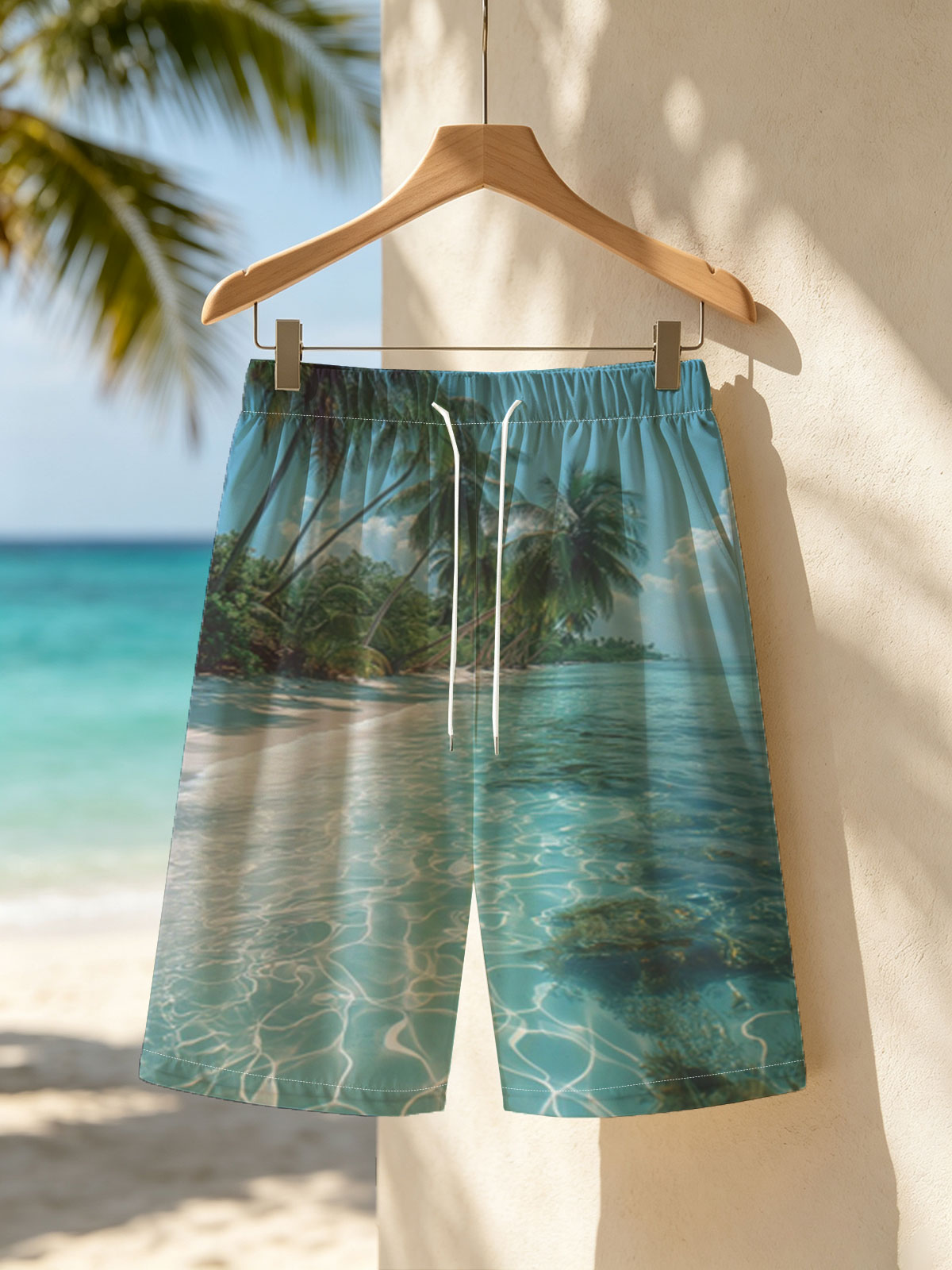 Tropical Beach with Crystal Clear Water and Palm Trees -  Beach shorts
