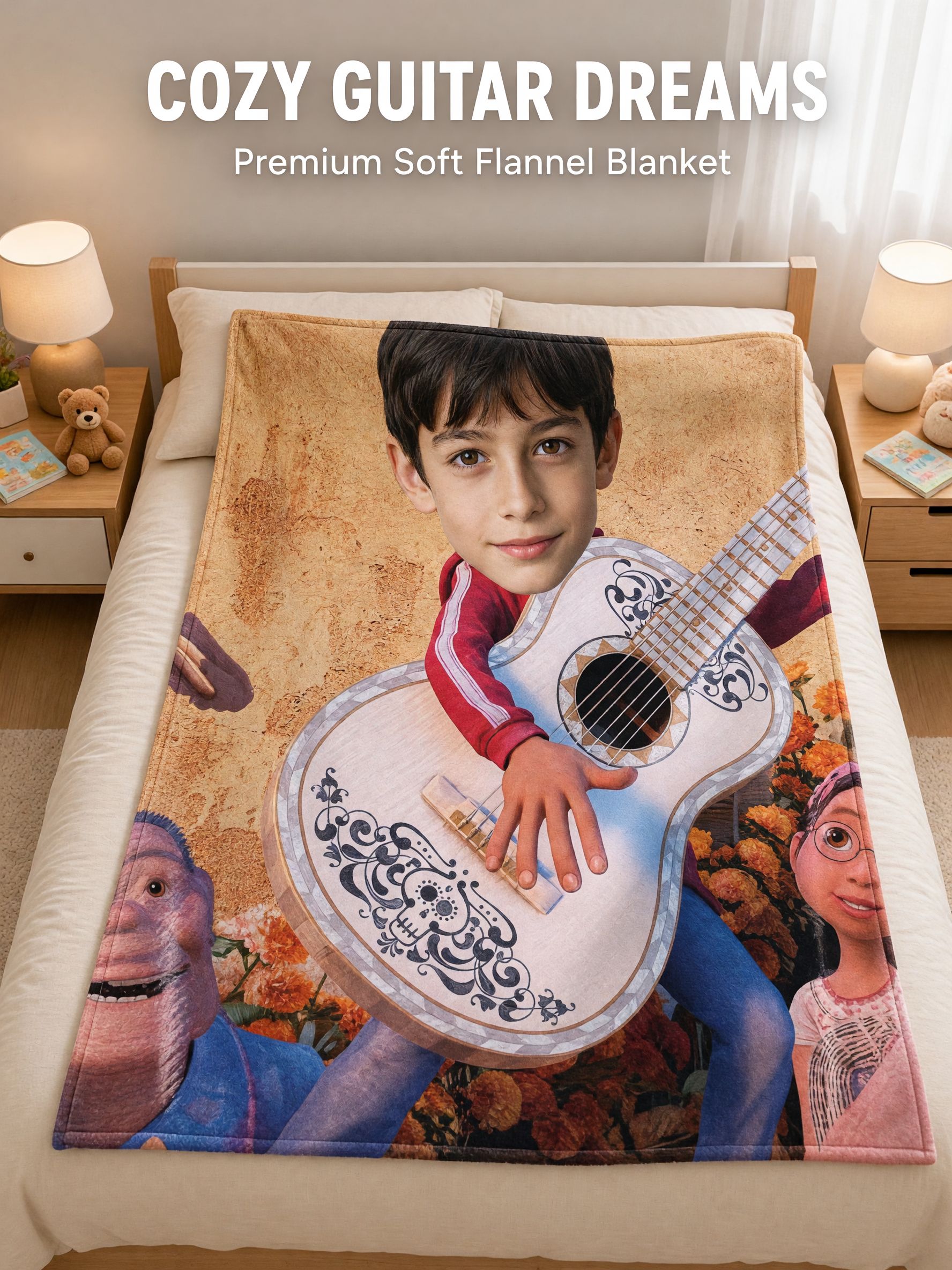 Custom Photo Face Blanket Personalized Guitar Musician Flannel Fleece Throw Soft Anti-Pilling Keepsake Gift for Kids and Family
