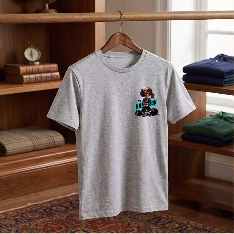 Lewis Hamilton in Racing Gear with Formula 1 Car Background - Tee
