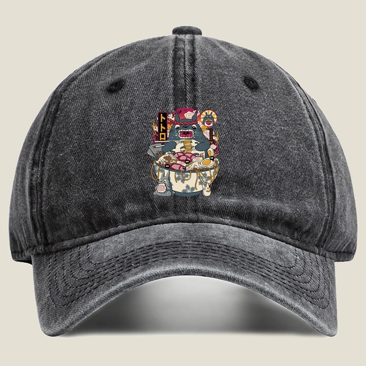 Totoro Ramen Bowl Art - Washed Denim - Baseball Cap