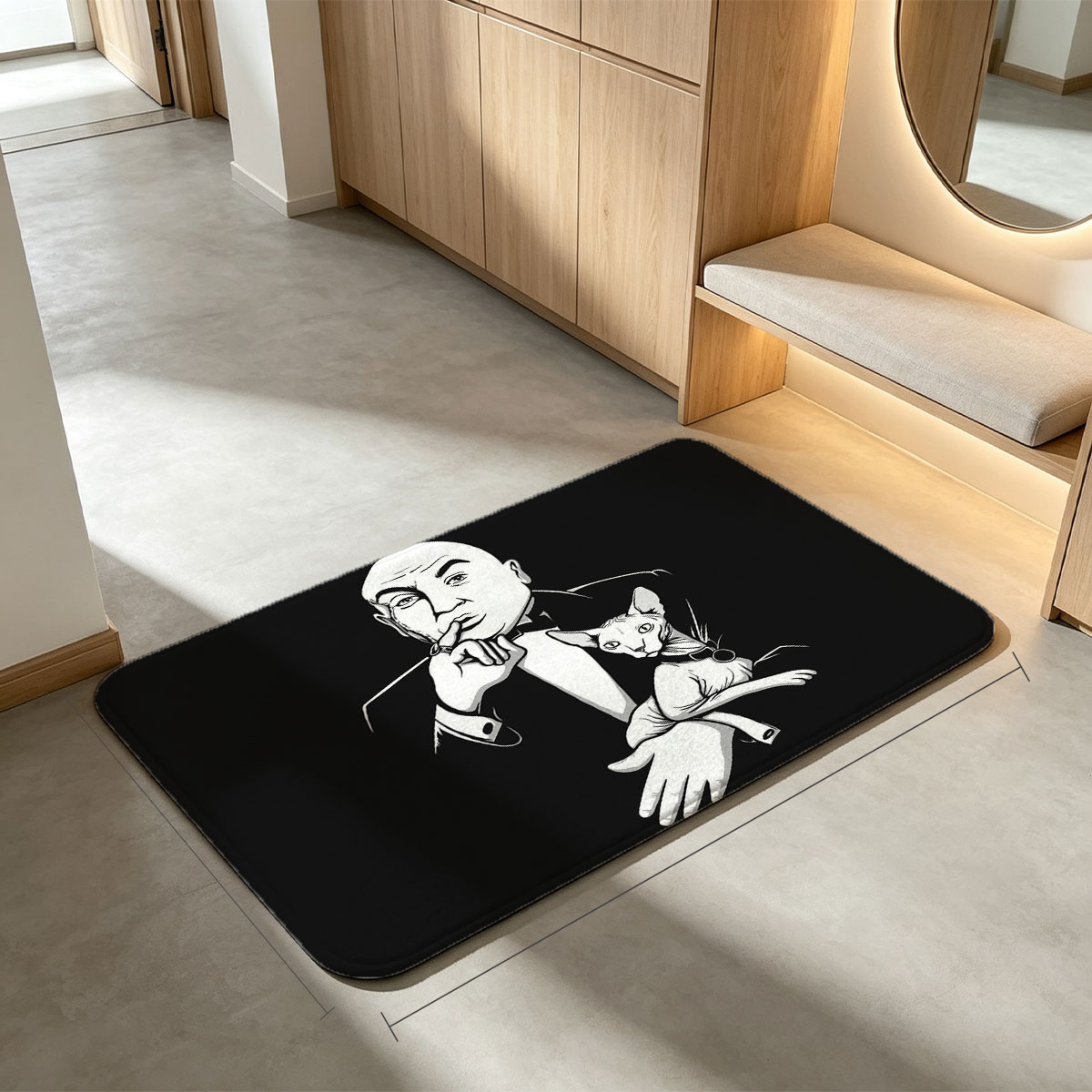 Bald Man in Tuxedo with Sphynx Cat on Hand - Flannel floor mat