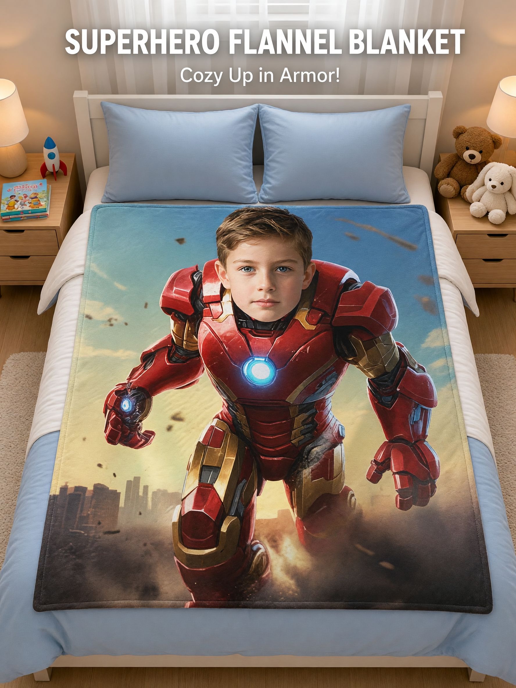 Custom Photo Superhero Flannel Fleece Blanket Personalized Face Throw for Kids Couch Bed