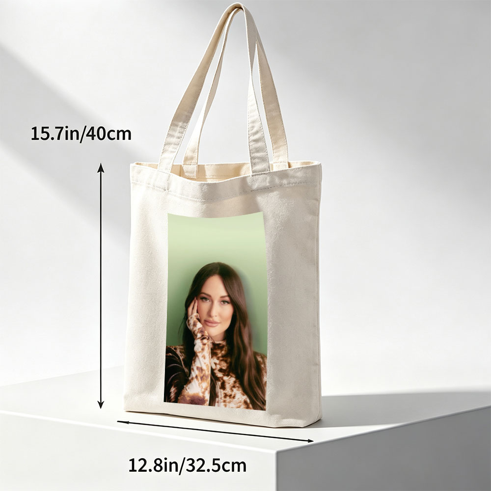 Kendall Rae - Portrait - Woman with Long Brown Hair Wearing Tie-Dye Top Against Green Background - Canvas tote bags