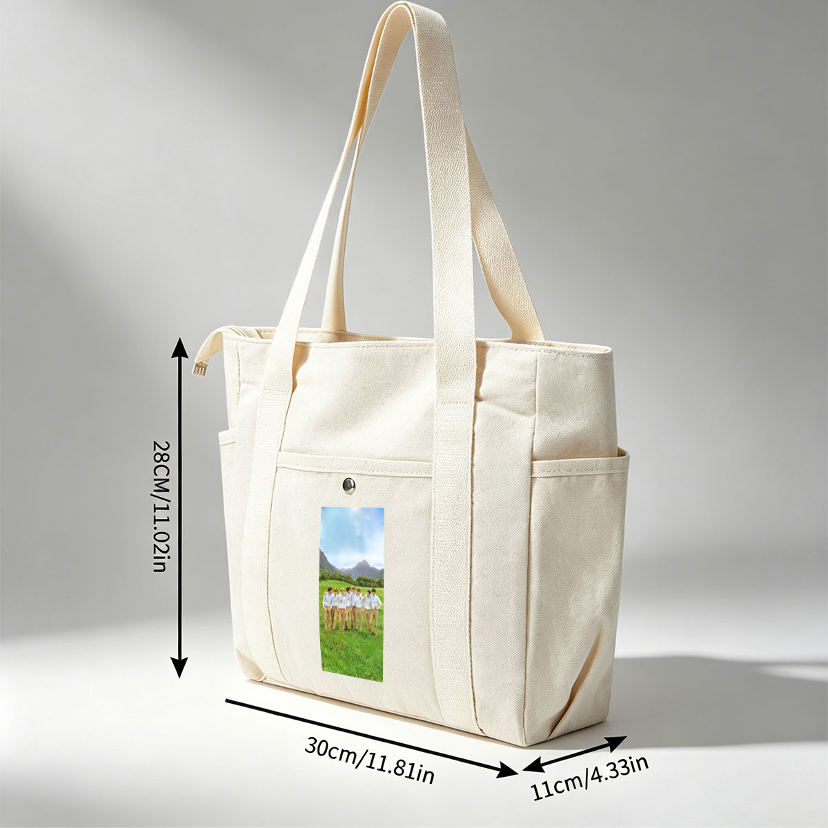 BTS in a Serene Mountain Field Wearing Matching White Shirts and Beige Pants - Multi-pocket bags