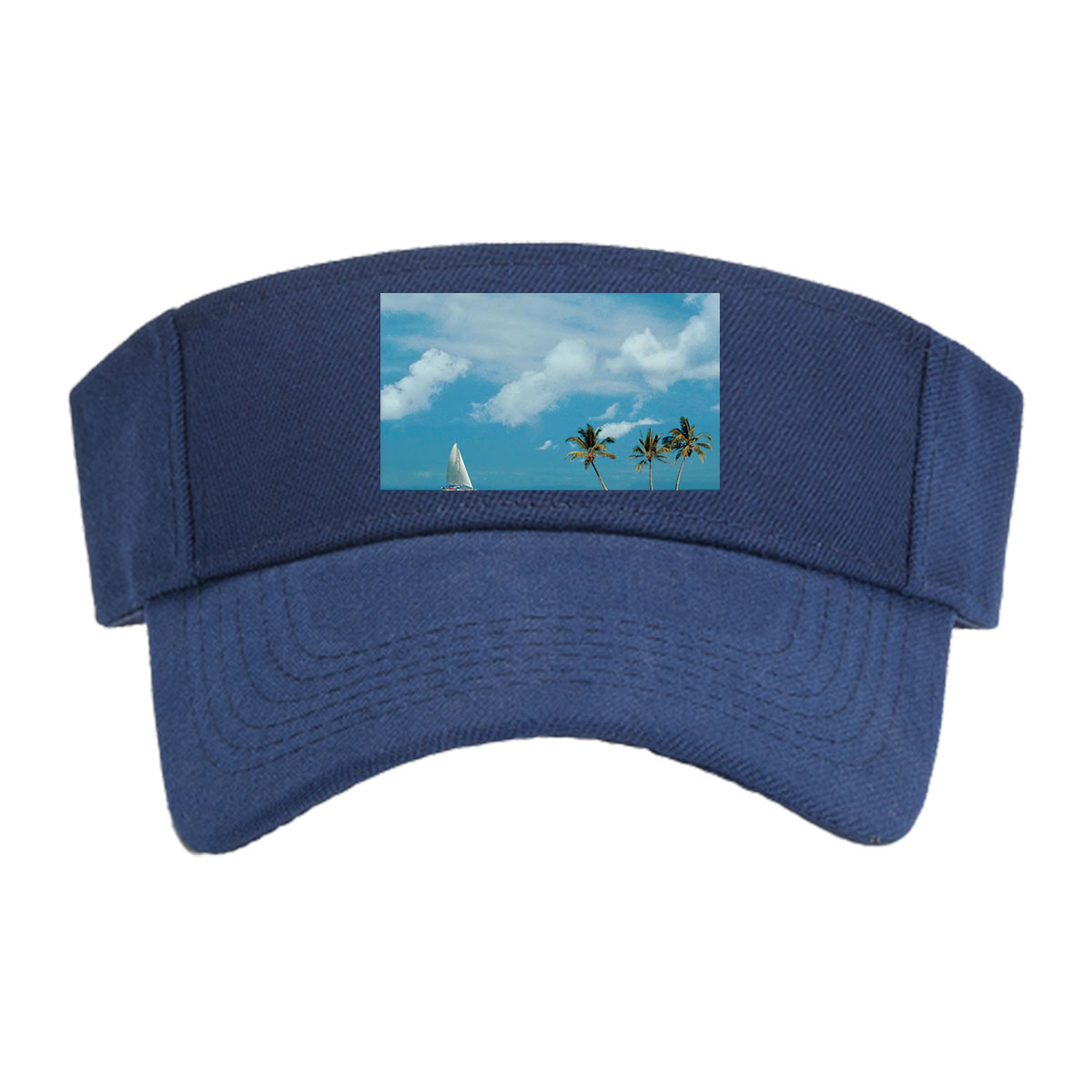 Sailboat near tropical island with palm trees under blue sky -  Visor cap
