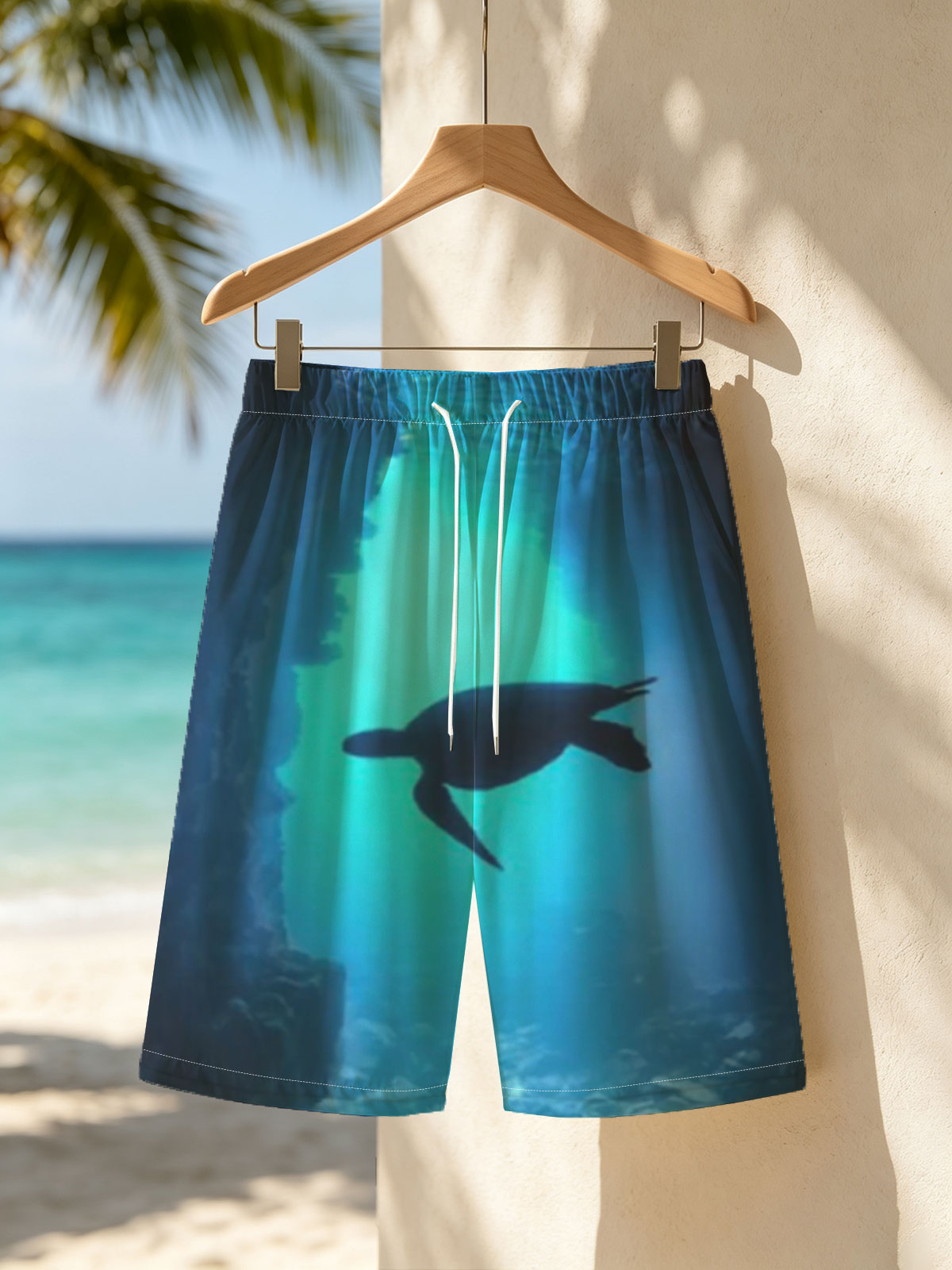 Sea turtle glides through a sunlit underwater cave. -  Beach shorts