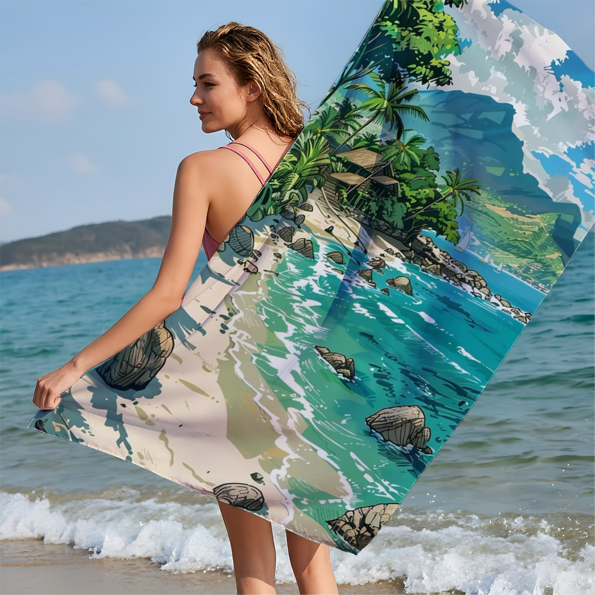 Tropical Beach with Lush Palm Trees and Crystal Clear Waters - Beach towels