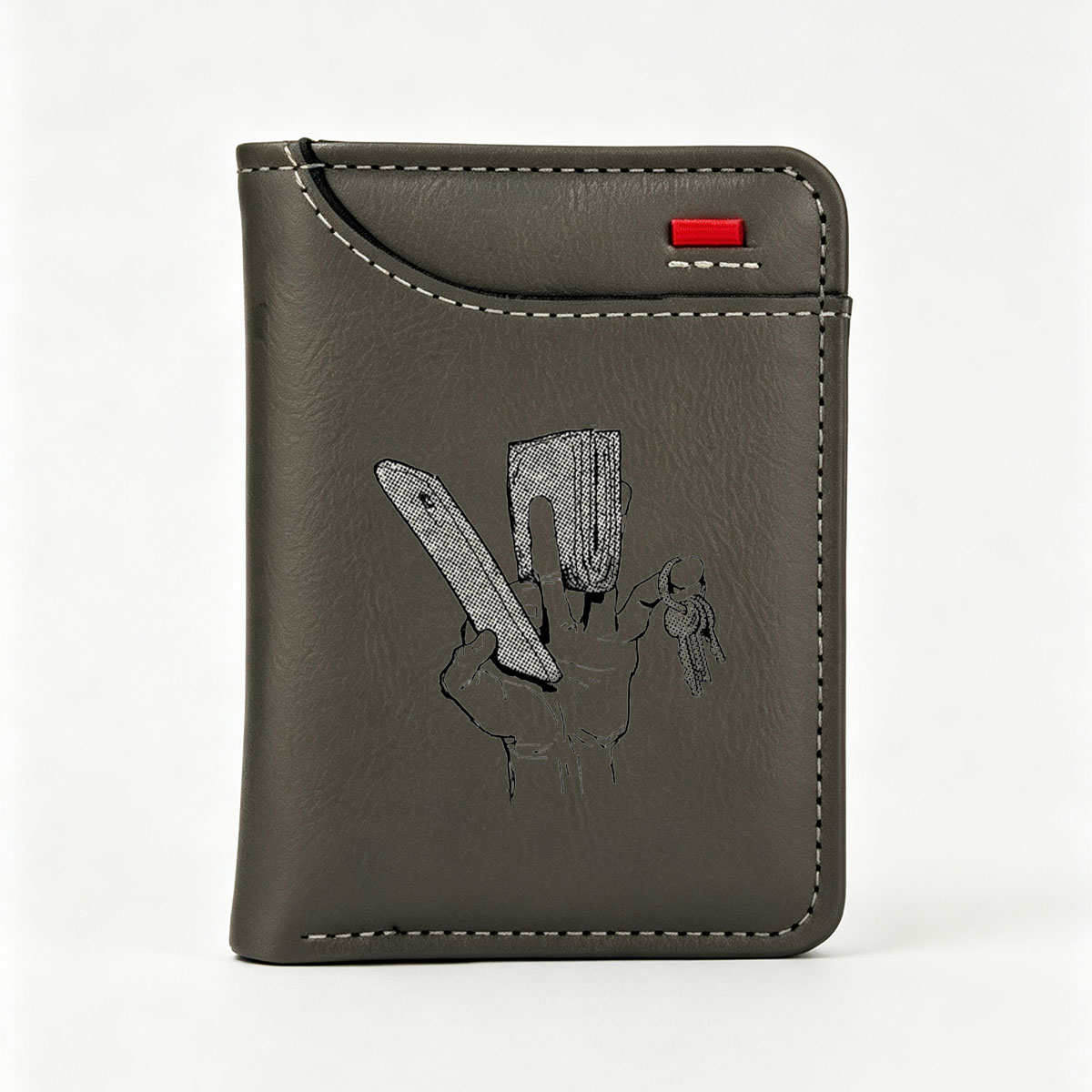 Hand Holding Knife, Shovel, and Keys - Vertical Style Wallet