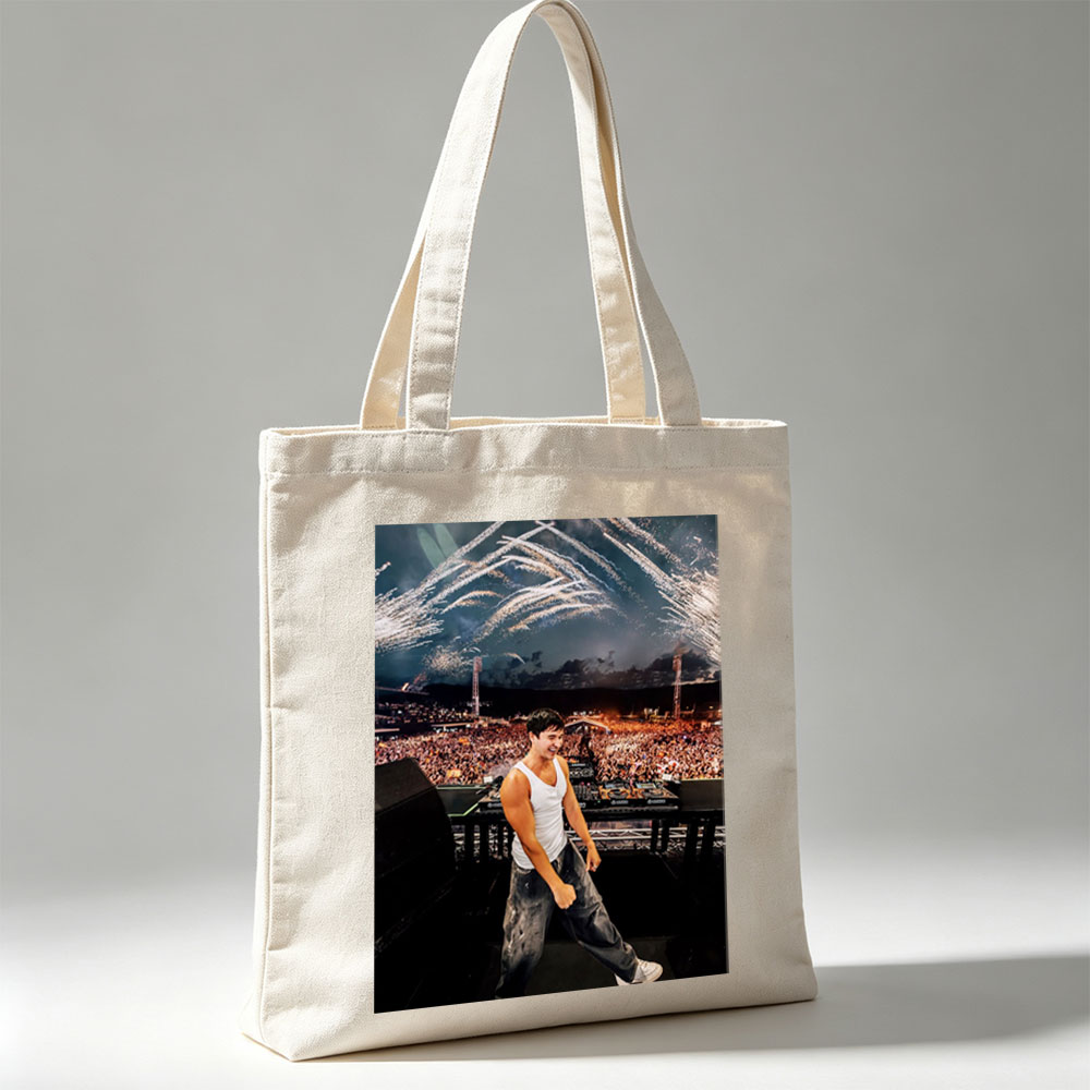 Martin Garrix Live Performance at Festival with Fireworks and Crowd in Background - Canvas tote bags