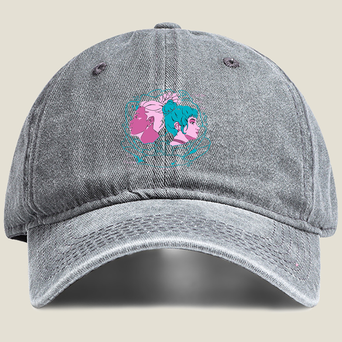 Two Women in Profile: A Stylized Artwork Featuring Pink and Teal Hair with French Text - Washed Denim - Baseball Cap