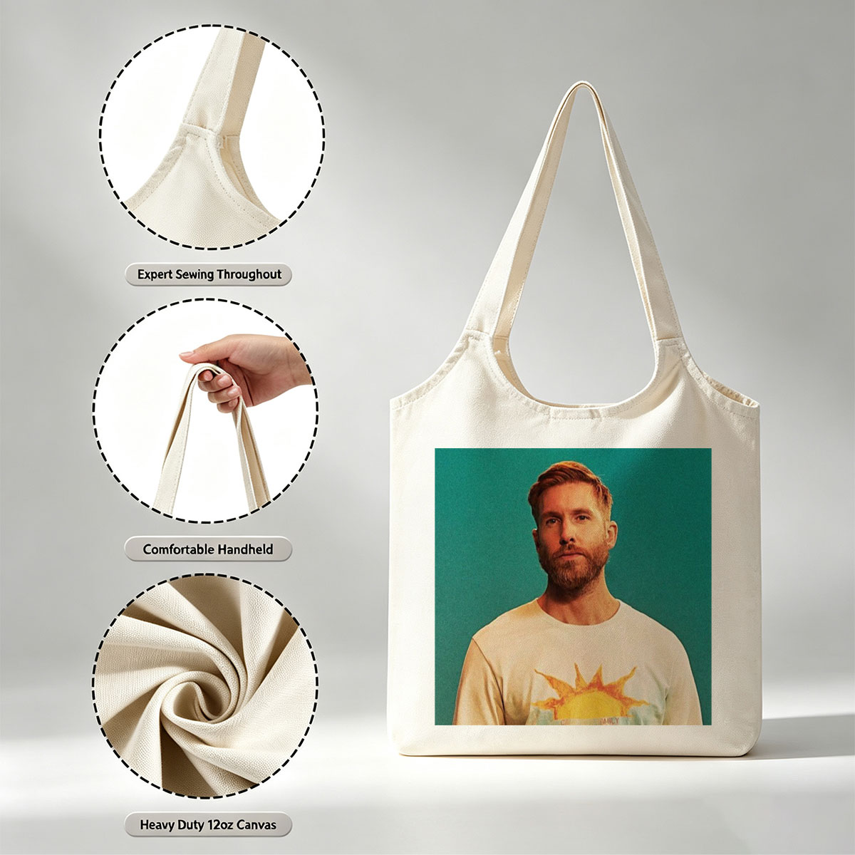 Calvin Harris in a Sun-Themed T-Shirt Against a Teal Background - Canvas shoulder bags/