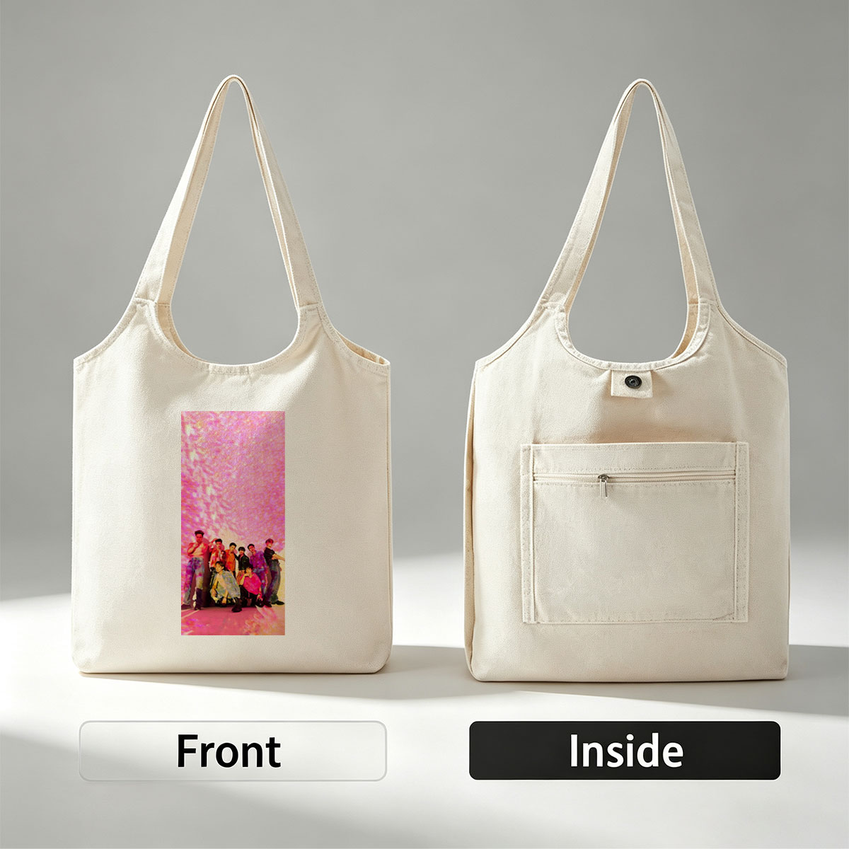 SEVENTEEN in a vibrant pink-lit scene with dynamic poses and colorful outfits - Canvas shoulder bags/