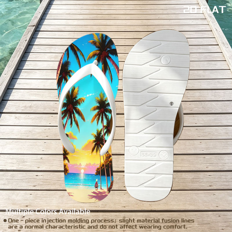 Tropical Sunset Beach with Palm Trees and a Solitary Figure -  flip-flops
