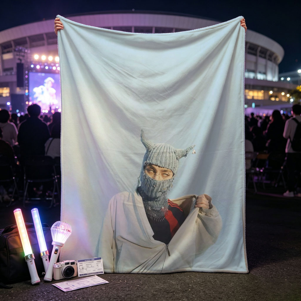Billie Eilish in a whimsical winter scene wearing a horned knit mask and flowing white outfit against a clear blue sky - Blankets