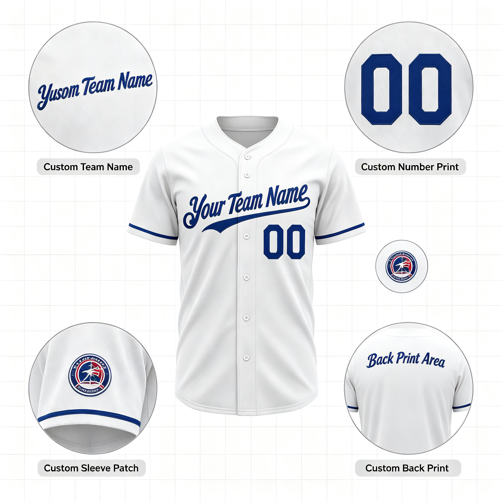 Custom Printed Kansas City Script Style Baseball Jersey White Royal Blue Trim Button Down Shirt for Men and Women