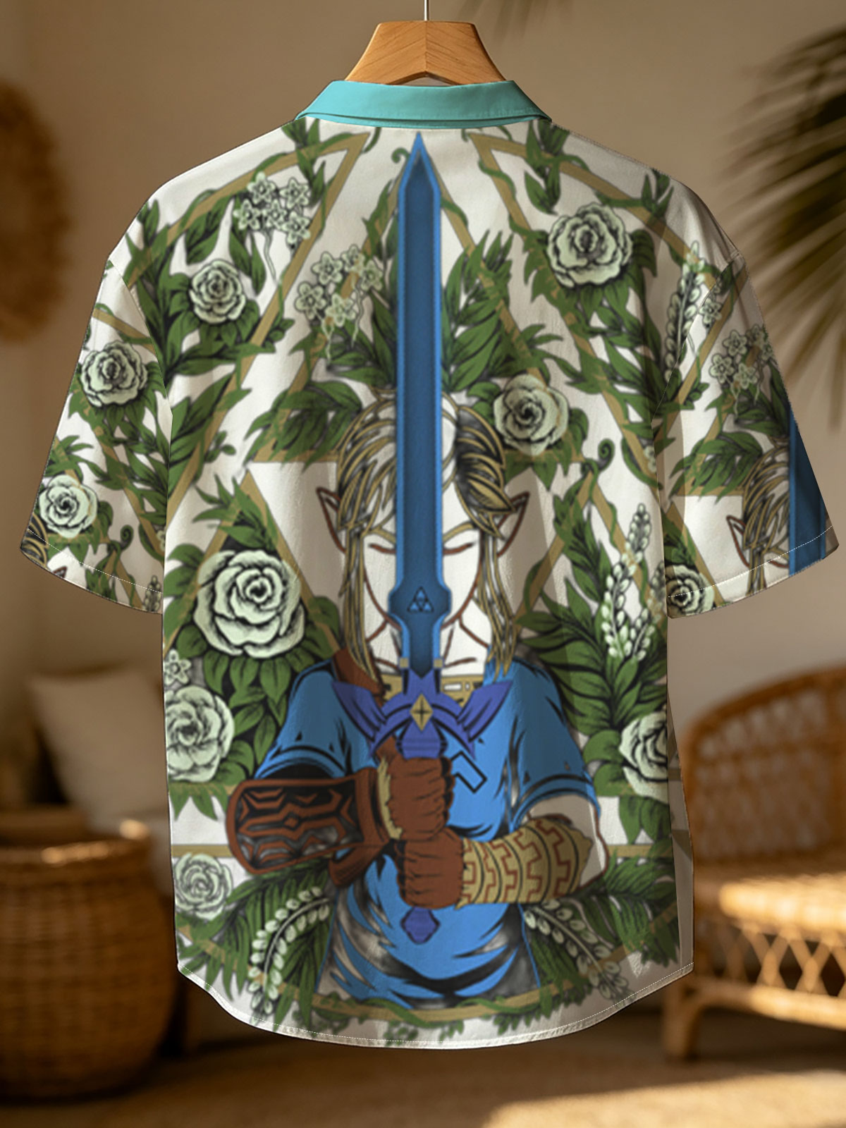 Link from The Legend of Zelda holding Master Sword, surrounded by floral wreath and geometric design -  Shirt