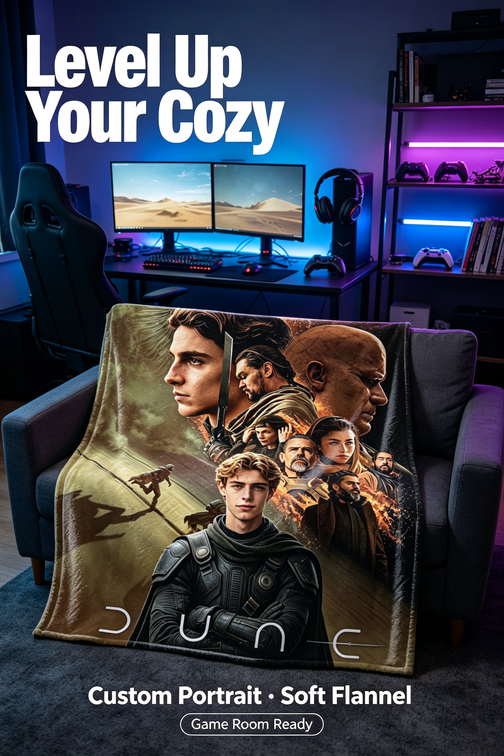 Custom Face Blanket Dune Movie Characters Flannel Blanket Perfect for Fans of Sci-Fi Films Cozy Bedding Gift for Men Women and Teens