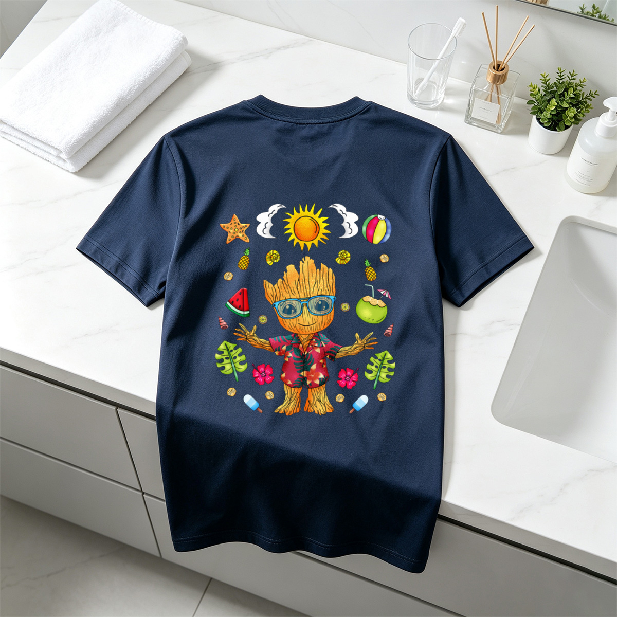 Groot in Hawaiian Shirt with Summer Elements - Tee