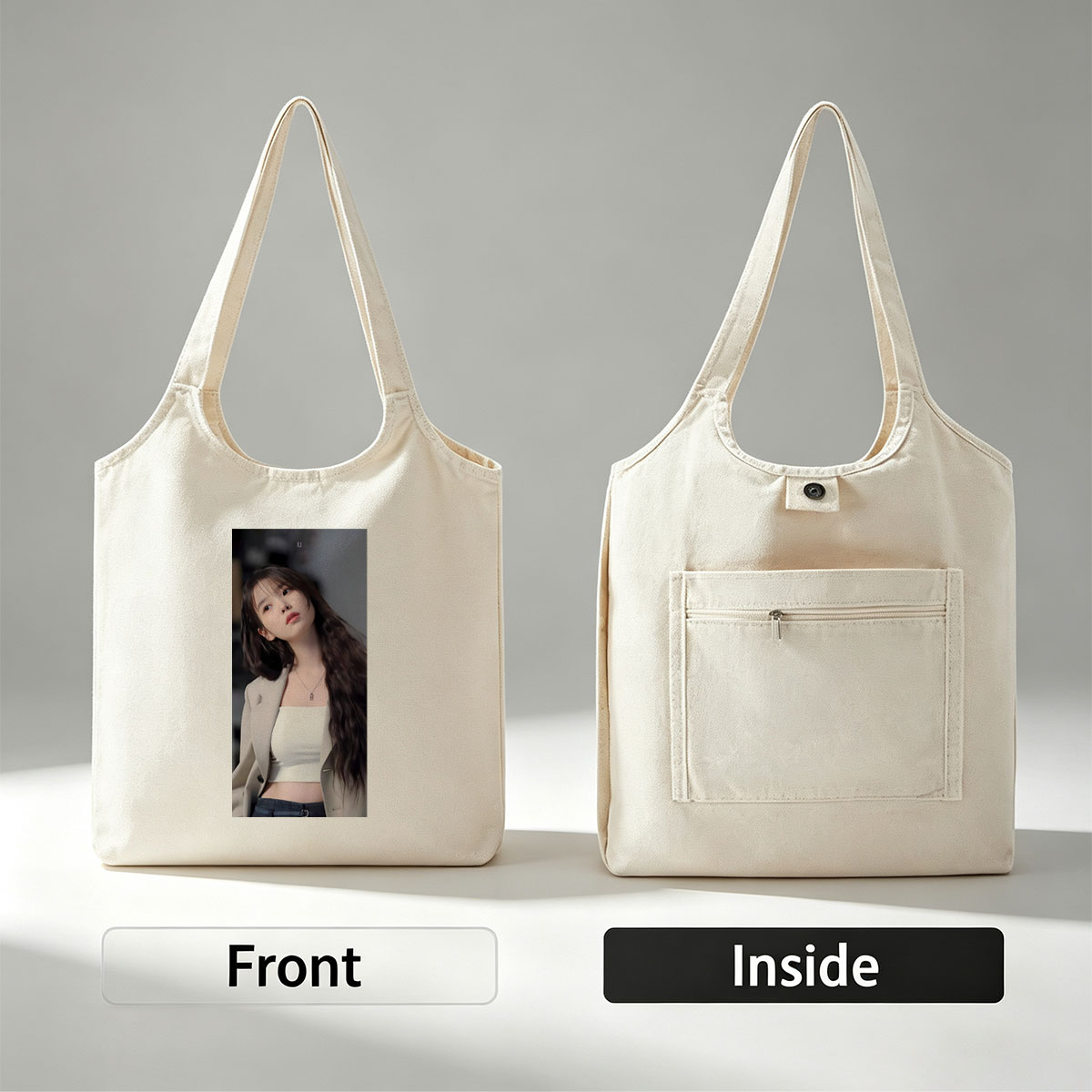 IU in a stylish outfit with a beige blazer and white crop top, showcasing her long wavy hair and elegant necklace. - Canvas shoulder bags/