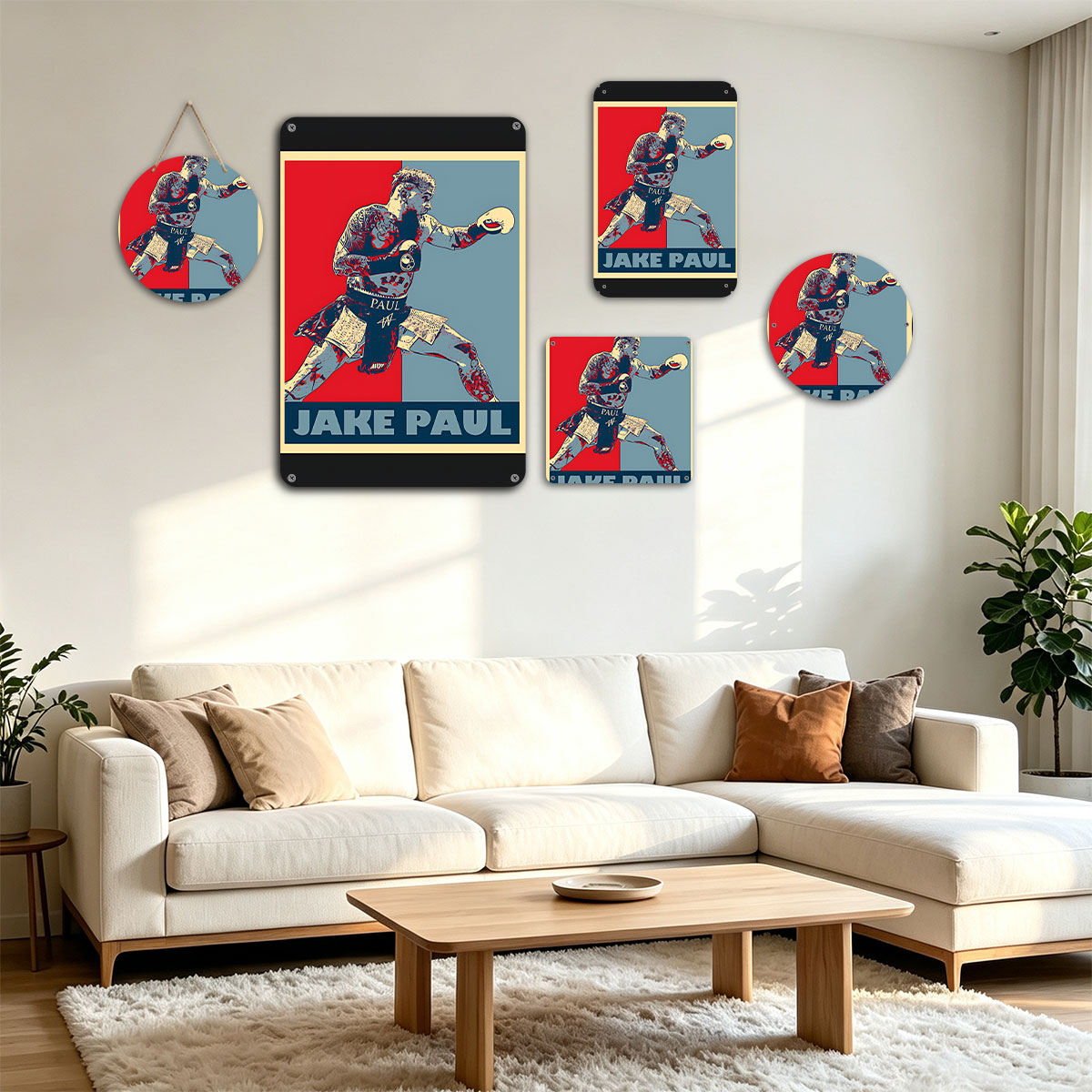 Jake Paul in Boxing Pose, Bold Red and Blue Background, Tattooed Fighter, 