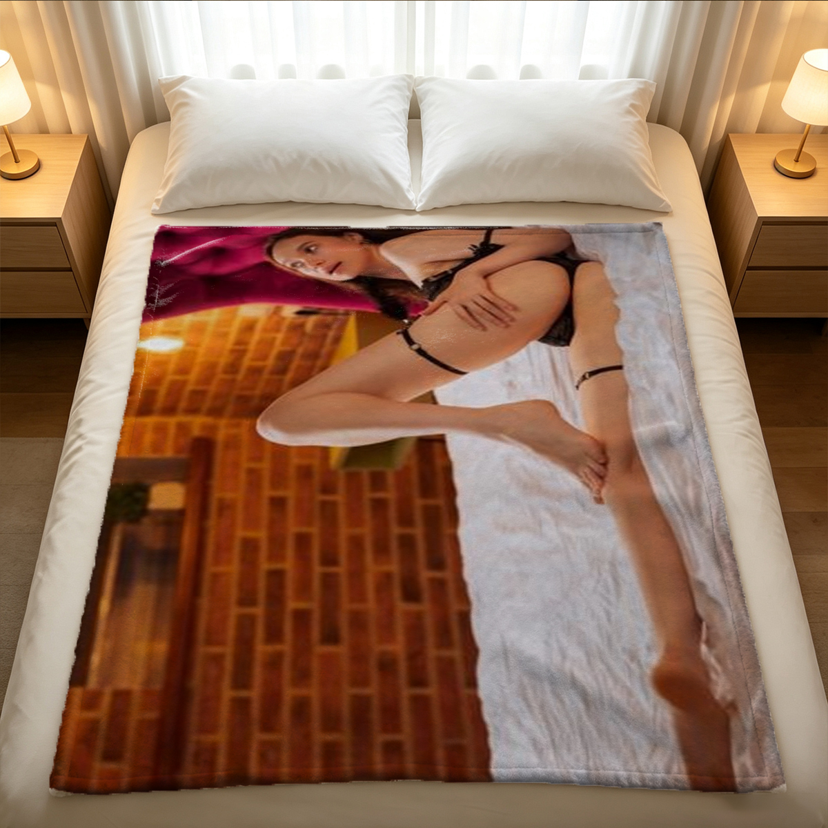 A seductive woman in black lace lingerie and stockings kneels on a leather bench in a luxurious bedroom. - Blanket