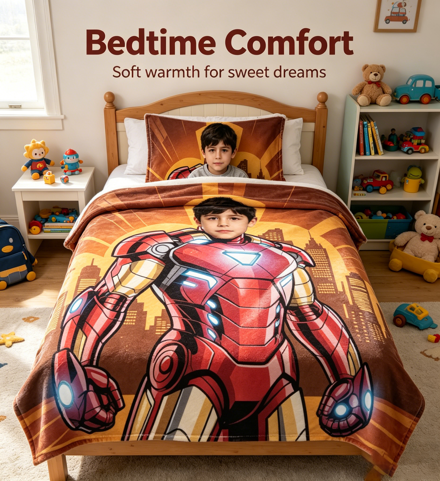 Custom Face Superhero Blanket for Boys, Personalized Soft Flannel Throw Blanket with Child Photo, Custom Hero Theme Birthday Christmas Gift for Kids