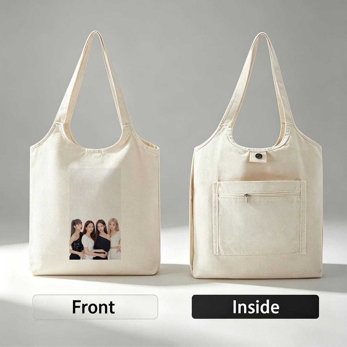 BLACKPINK Group Photo in Elegant Black and White Outfits on a Minimalist Background - Canvas shoulder bags/