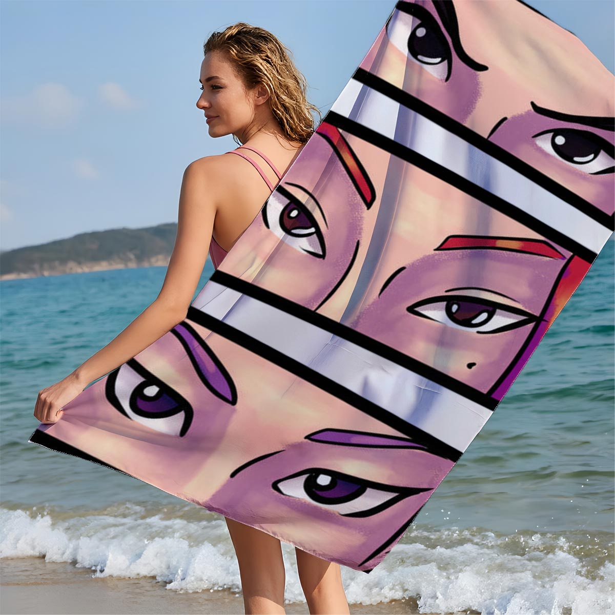 Three Anime Characters with Intense Eyes: Close-Up Portraits - Beach towels